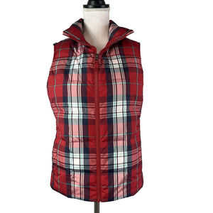 Lands' End Puffy Vest size XS 2-4 Red Navy Blue Plaid Quilted Pockets Ski Winter